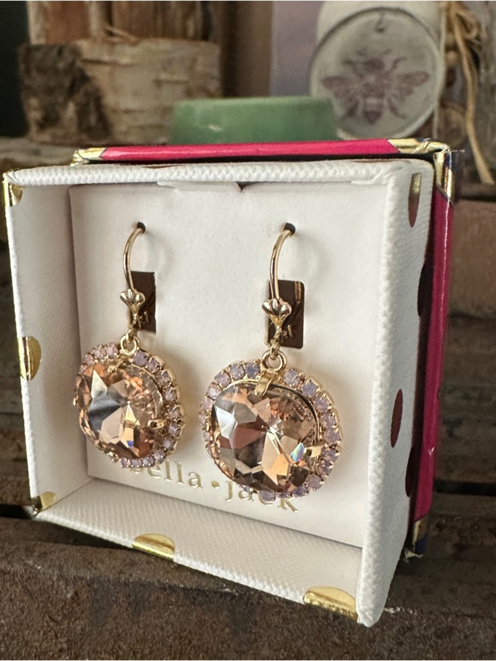 Bella Jack Rose Gold Crystal Halo Drop Earrings - Pink